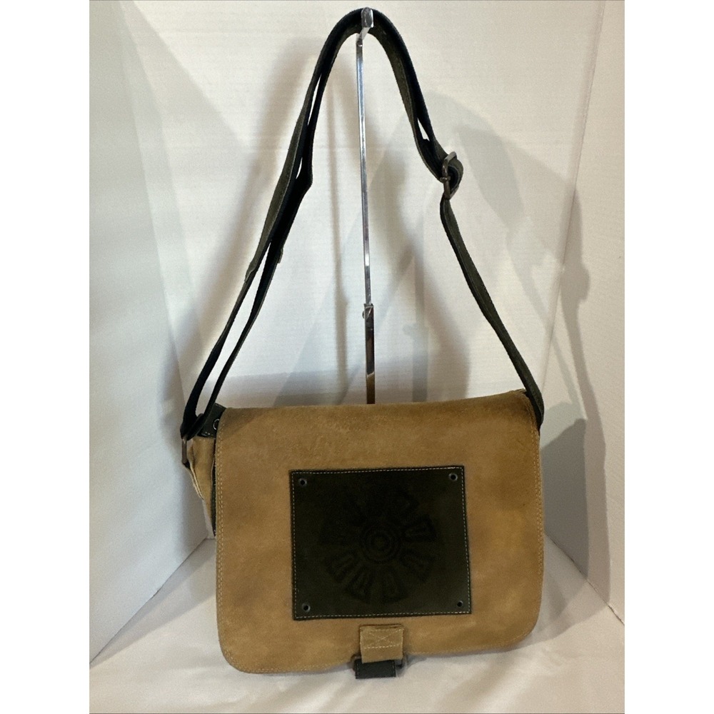 Tribu Ecuadorian Suede Leather Beige/Green Crossbody Messenger Bag